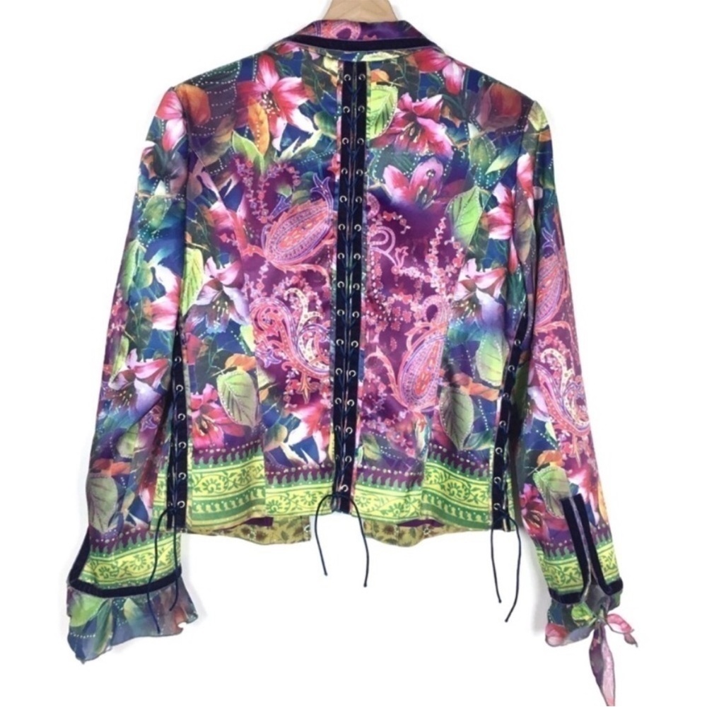BOHO CHIC Jacket Ruffle Abstract Lace Up Rocker Western Rodeo Velour Size 12 - Picture 3 of 9